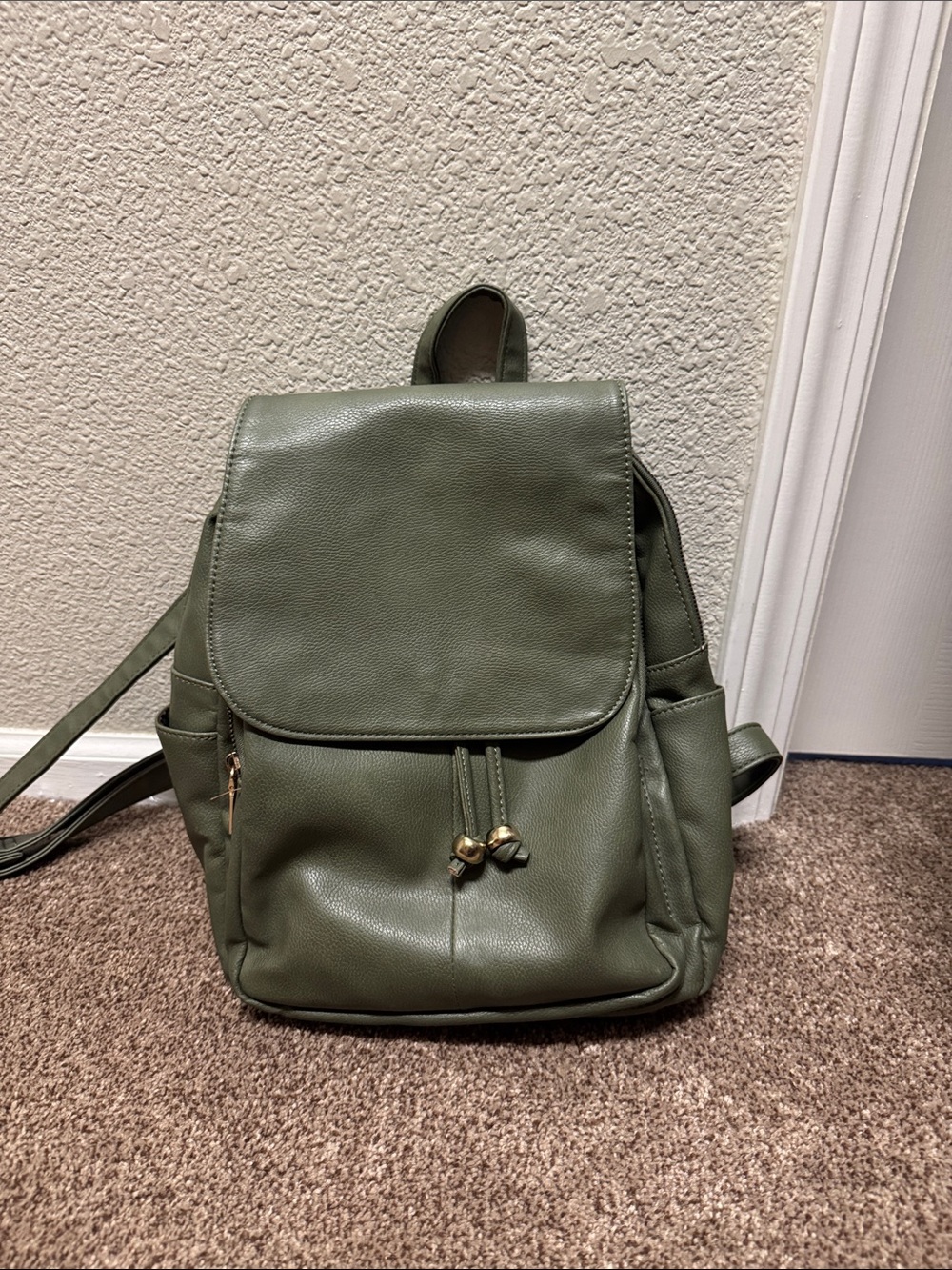 Olive Green Faux-Leather Backpack